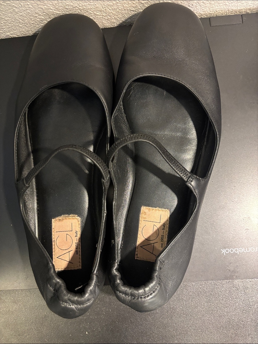 AGL Black Leather Mary Jane Flats with Strap